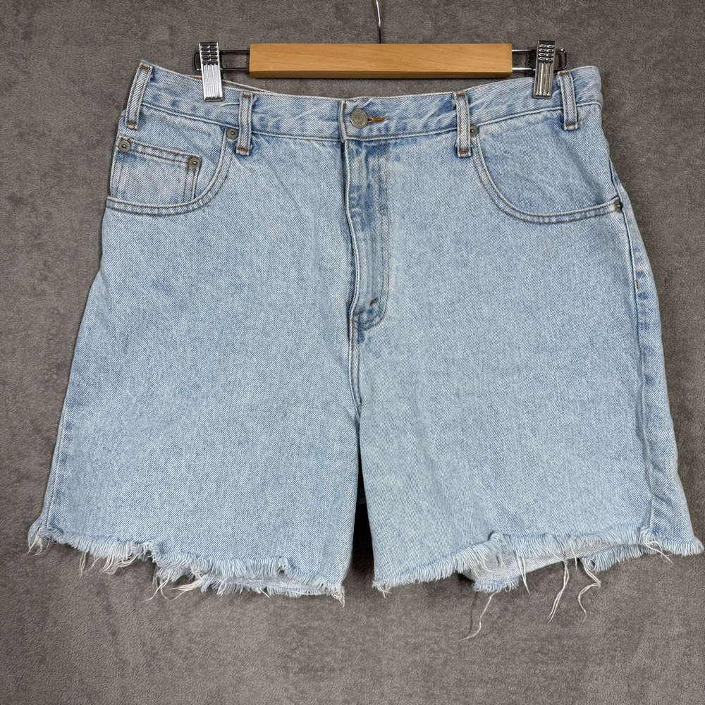 VTG 90s Denim Shorts Blue by Nuovo County Seat‎ Unisex 33W High Rise Frayed Hem